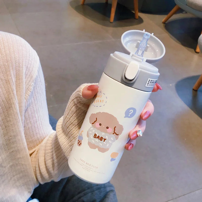 Afralia™ Cute Insulated Straw Cup Thermal Water Bottle Stainless Steel Vacuum Flask