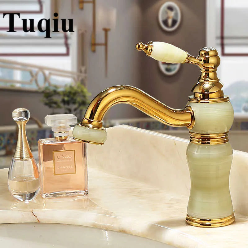 Afralia™ Brass and Jade Bathroom Basin Sink Faucet Gold Mixer Tap