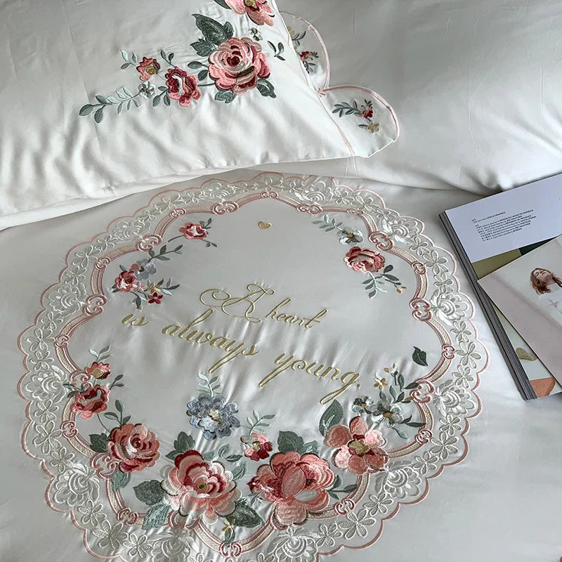 Afralia™ White Embroidered Egyptian Cotton Bedding Set, Pastoral Flowers Theme