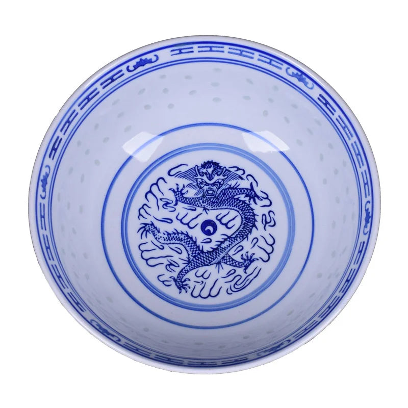 Afralia™ Ceramic Dragon Print Rice Bowl - Blue and White Soup & Salad Dish