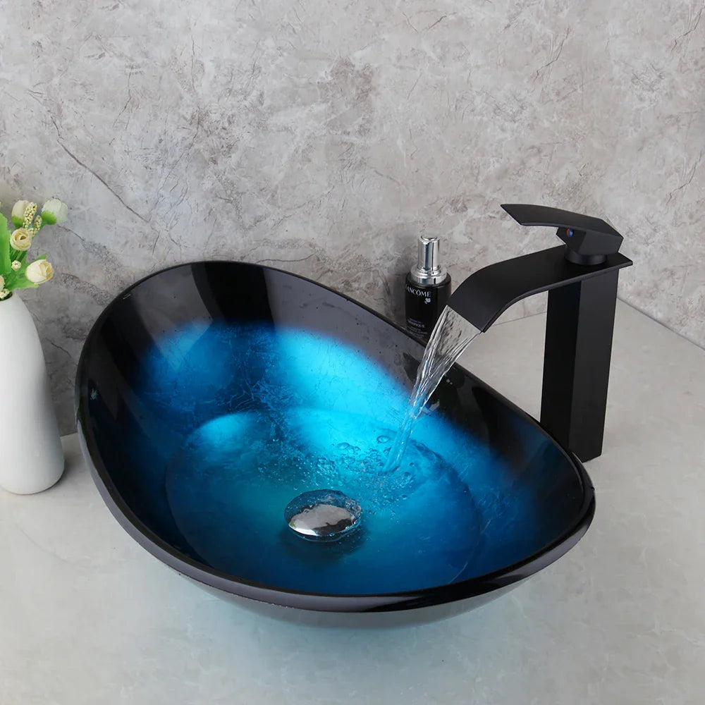 Afralia™ Blue Tempered Glass Waterfall Basin Tap Set