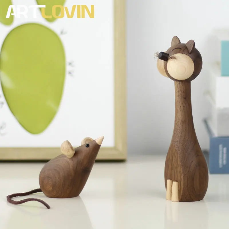 Afralia™ Wooden Cat and Mouse Figurines: Modern Luxury Home Decor Ornaments