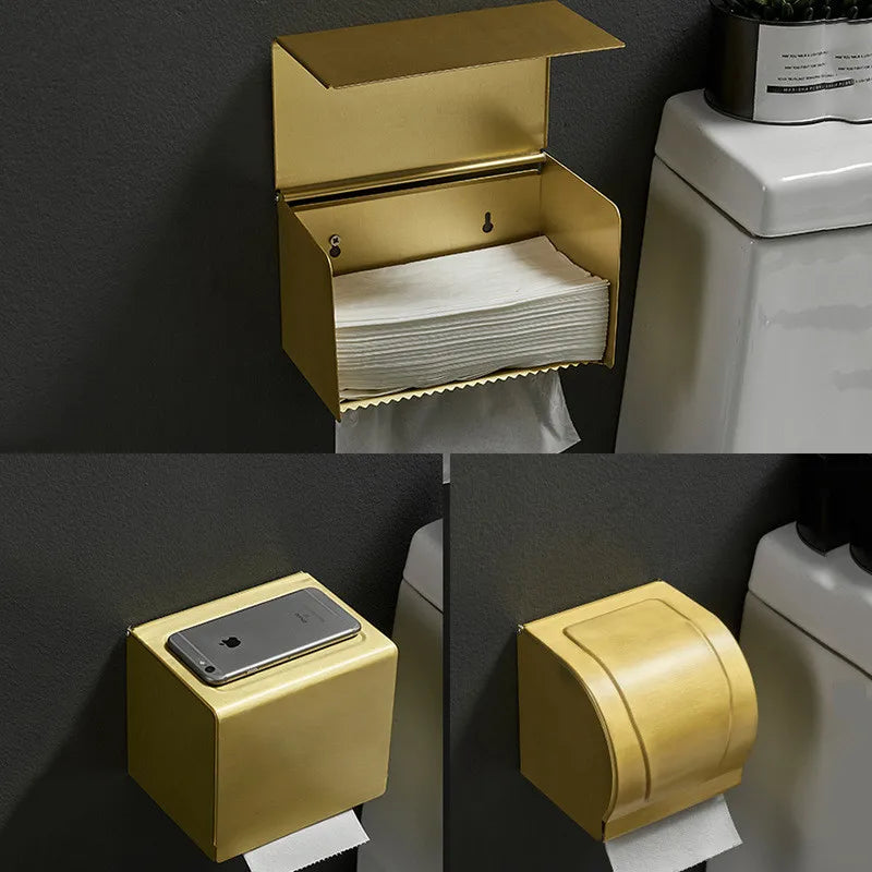 Afralia™ Aluminum Brushed Gold Toilet Paper Holder Rack Tissue Box - Bathroom Roll Storage