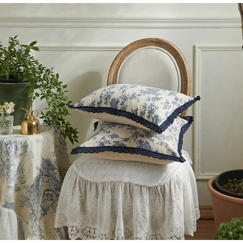 Afralia™ Toile De Jouy French Fashion Linen Pillow Case with Lace Franges