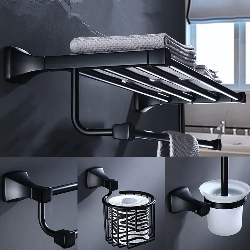 Afralia™ Aluminum Black Bathroom Hardware Set: Towel Holder, Paper Holder, Corner Shelf, Towel Rack, Toilet Brush Holder