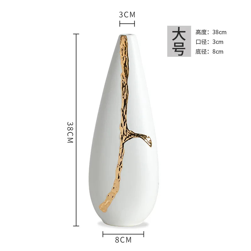 Afralia™ White Ceramic Vase with Golden Branches Flower Arrangement for Modern Home Decor