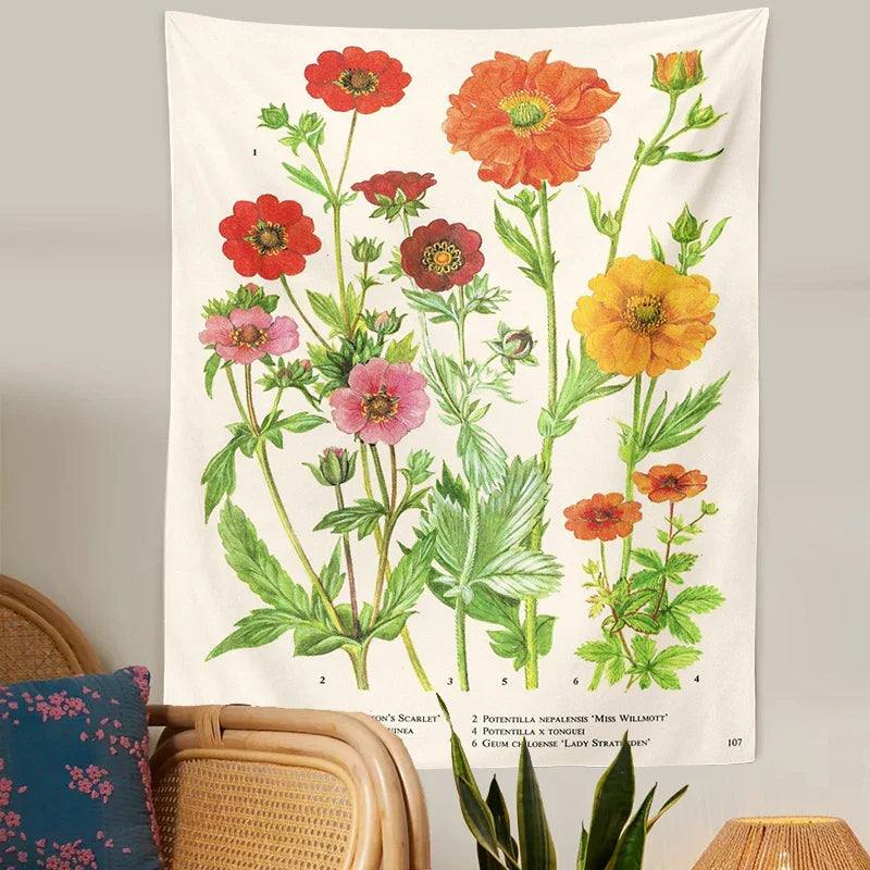 Afralia™ Botanical Flower Print Tapestry Wall Hanging - Vintage Nature Potentilla Decor