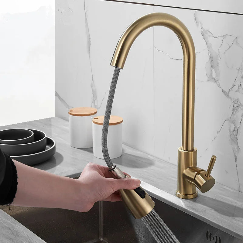 Afralia™ Brushed Gold Kitchen Faucet Single Handle Pull Out Swivel Mixer Tap