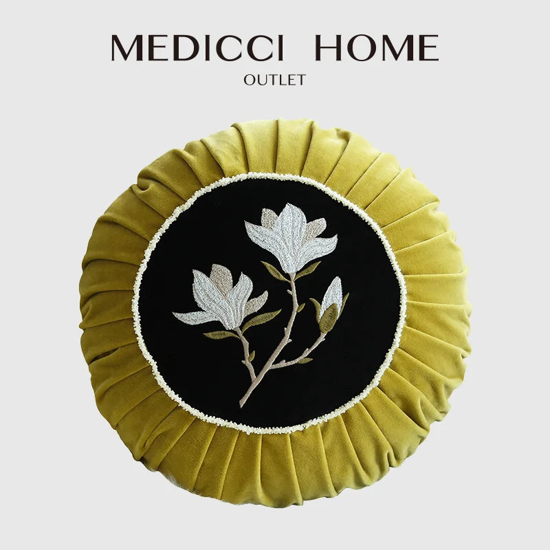 Afralia™ Round Velvet Floral Garland Embroidered Cushion Cover - French Retro Style