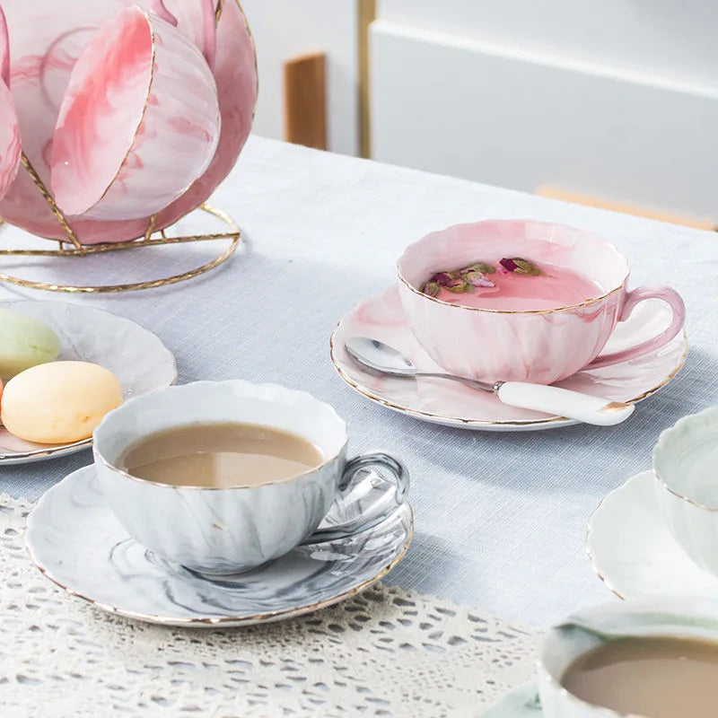 Afralia™ Marble Texture Porcelain Coffee Cup and Saucer Set for English Afternoon Tea