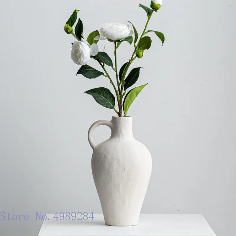 Afralia™ Vintage White Ceramic Vase Home Decor - Matte Handmade Flower Arrangement Holder