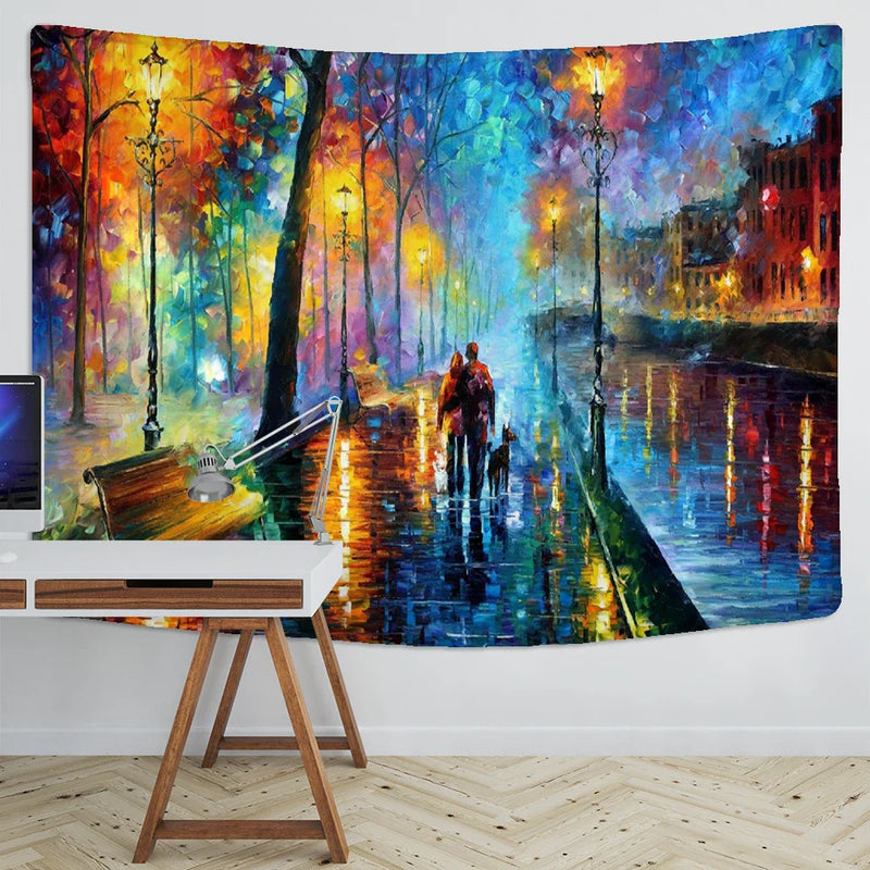 Afralia™ Night View Van Gogh Oil Painting Tapestry - Romantic Love Couple Wall Hanging