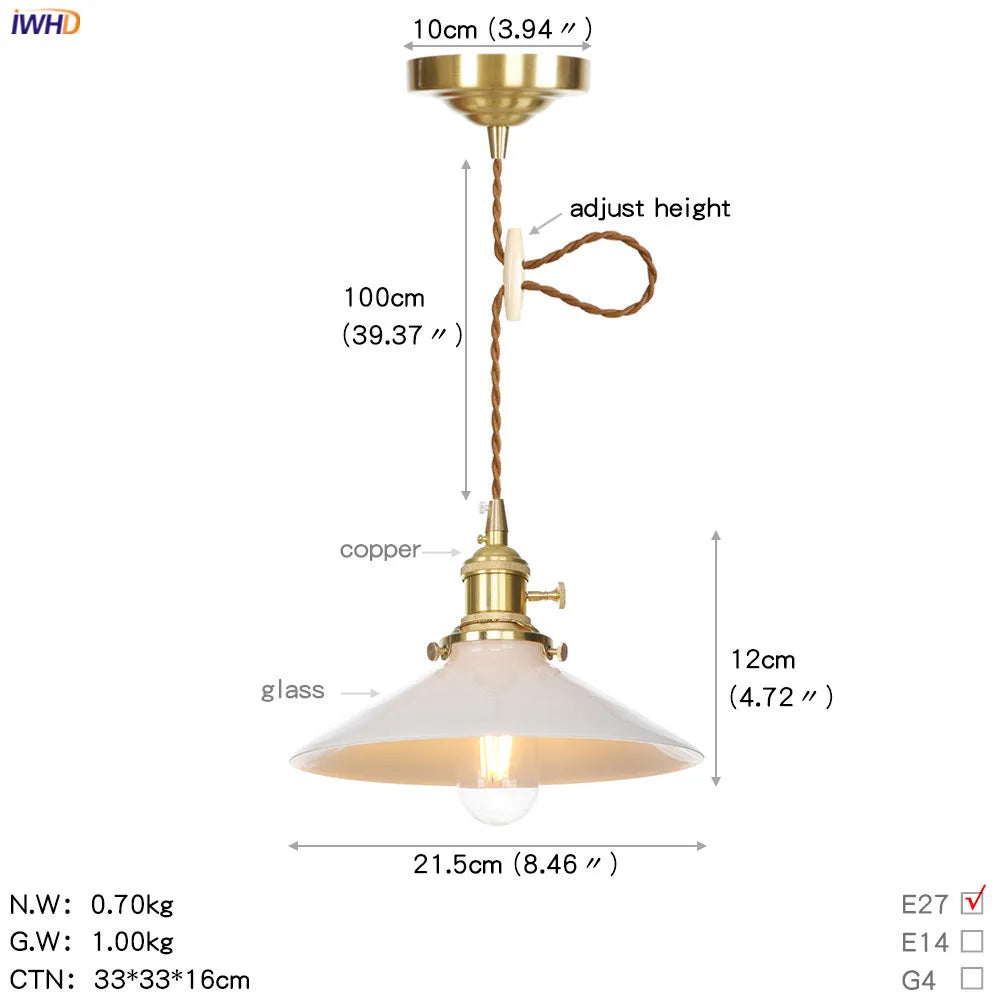 Afralia™ Nordic White Glass Copper Pendant Light with Switch for Home, Bar, and Cafe