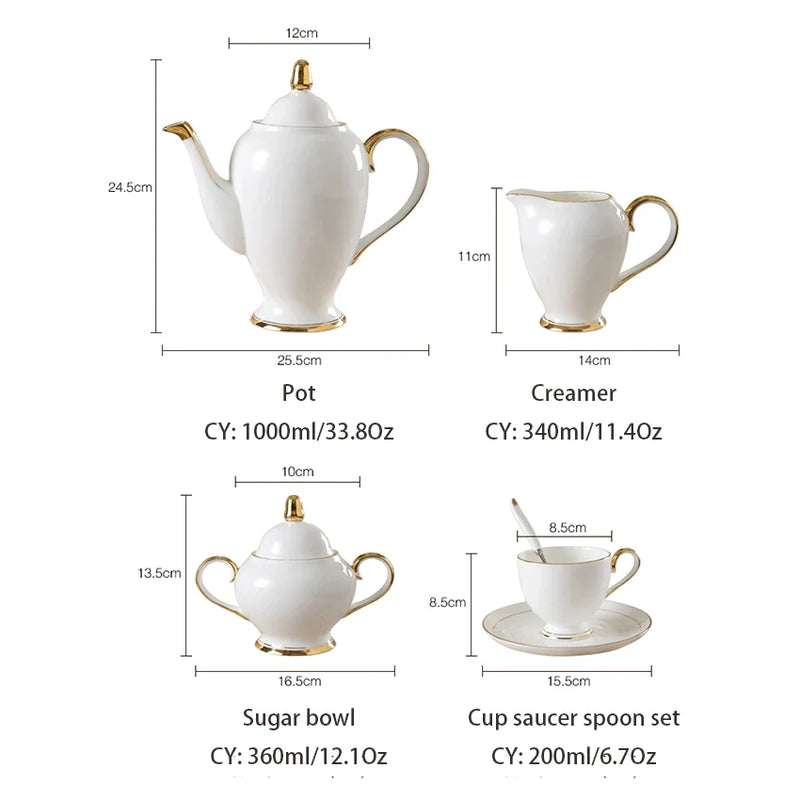 Afralia™ Bone China Coffee Set White Gold Porcelain Tea Set Advanced Pot Cup