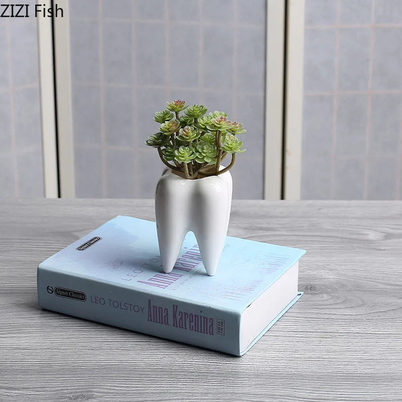 Afralia™ Ceramic Tooth Flowerpot: Cute Cartoon Handicraft Decoration Home Accessory