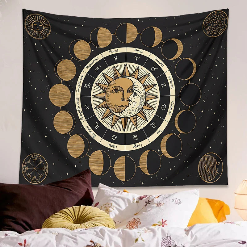 Afralia™ Astrology Wheel Tapestry Moon Phase Sun and Moon Starry Sky Home Decor