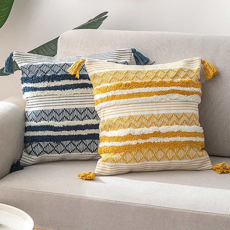 Afralia™ Boho Jacquard Cushion Cover in Blue Yellow Black Woven for Home Decor