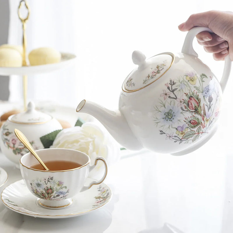 Afralia™ Bone China Tea Set: Teapot, Teacup, Saucer, Fruit Plate, Tray, Mugs & Tableware