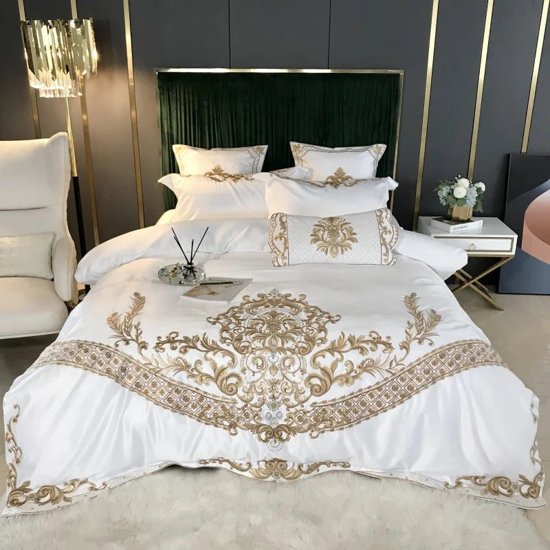 Afralia™ White Satin Cotton Bedding Set with Royal Gold Embroidery