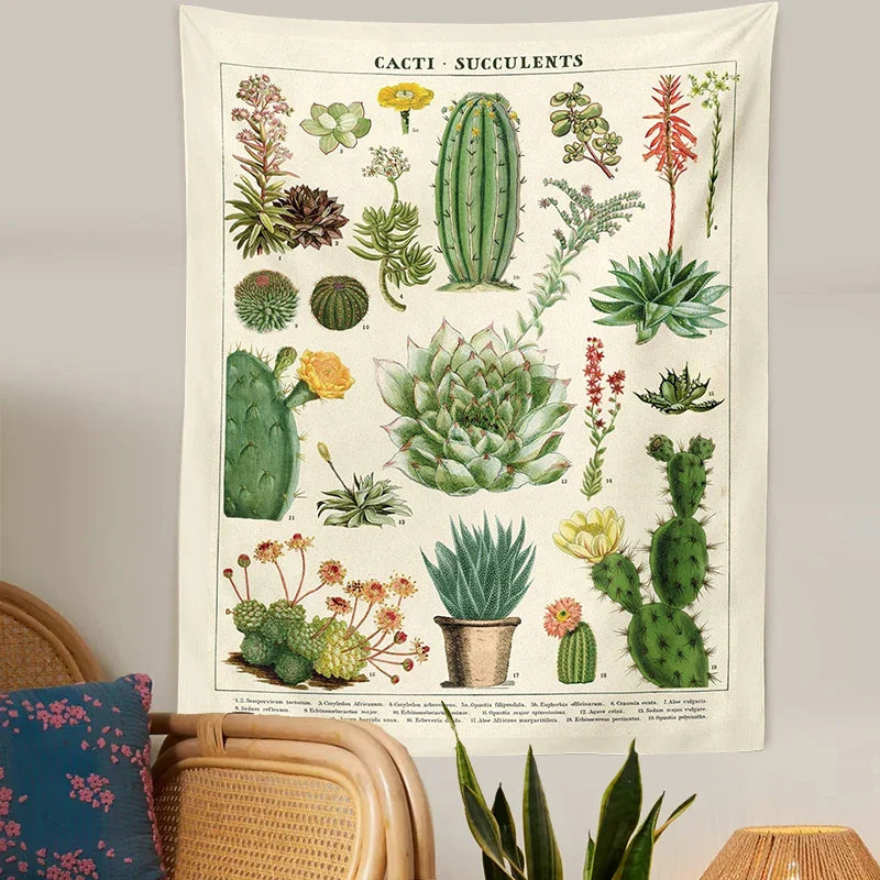 Afralia™ Cactus Tapestry Wall Hanging: Retro Succulents Mushroom Chart Hippie Boho Decor