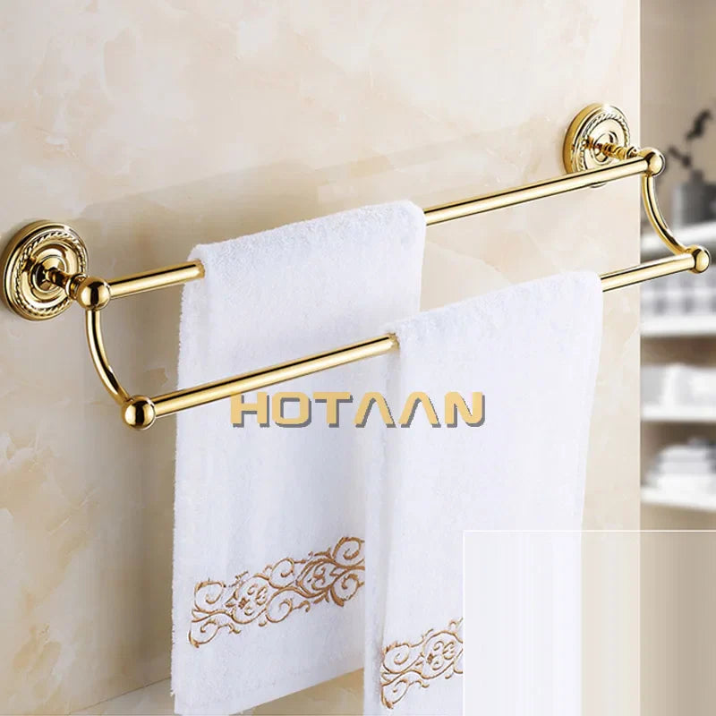 Afralia™ Gold Brass Bathroom Accessories Set: Robe Hook, Paper Holder, Towel Bar, Towel Ring