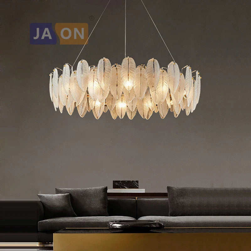 Afralia™ Silver Gold LED Feather Chandelier - Art Deco Round Pendant Light
