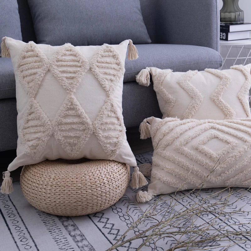 Afralia™ Beige Tassels Cushion Cover, Handmade Square Home Decoration for Living Room