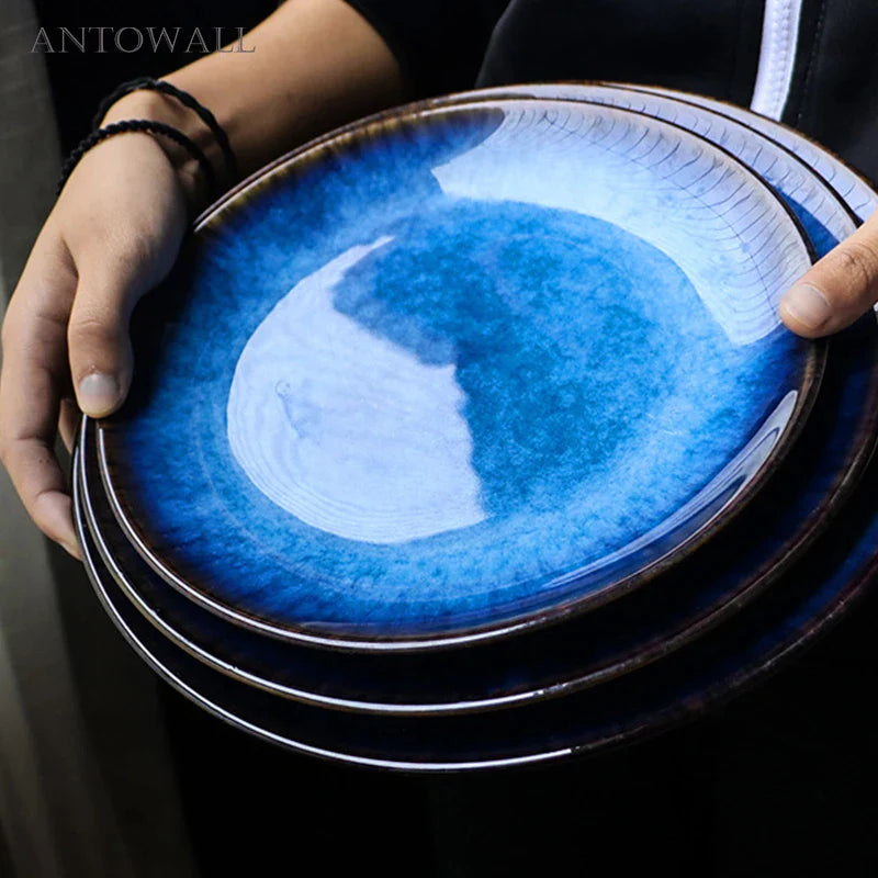 Afralia™ Blue Ceramic Round Plate - Commercial Steak Dish Wholesale