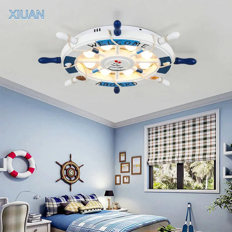 Afralia™ Wooden Rudder Kids Room Chandelier: LED, 3 Color Temp, Pink/Sky Blue.