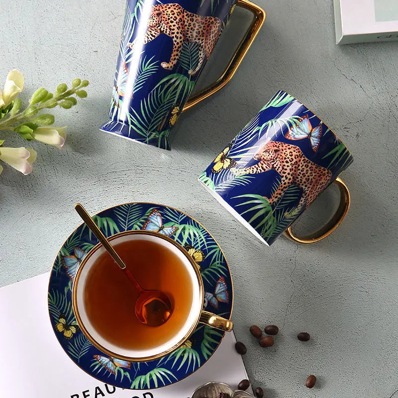 Afralia™ Jungle Animals Bone China Coffee Mug Set for Tea Lovers and Office Use