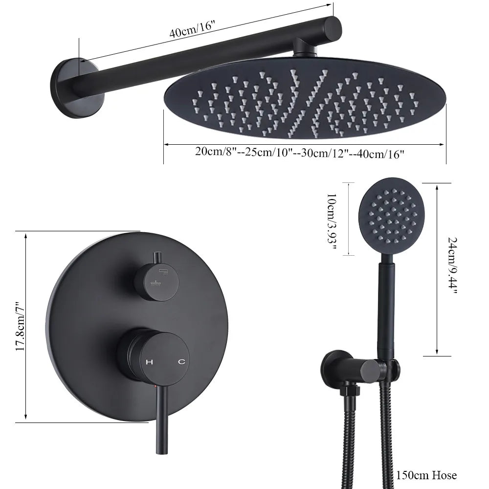 Afralia™ Matte Black Brass Round Bathroom Shower Faucet 2 Function Mixer Set