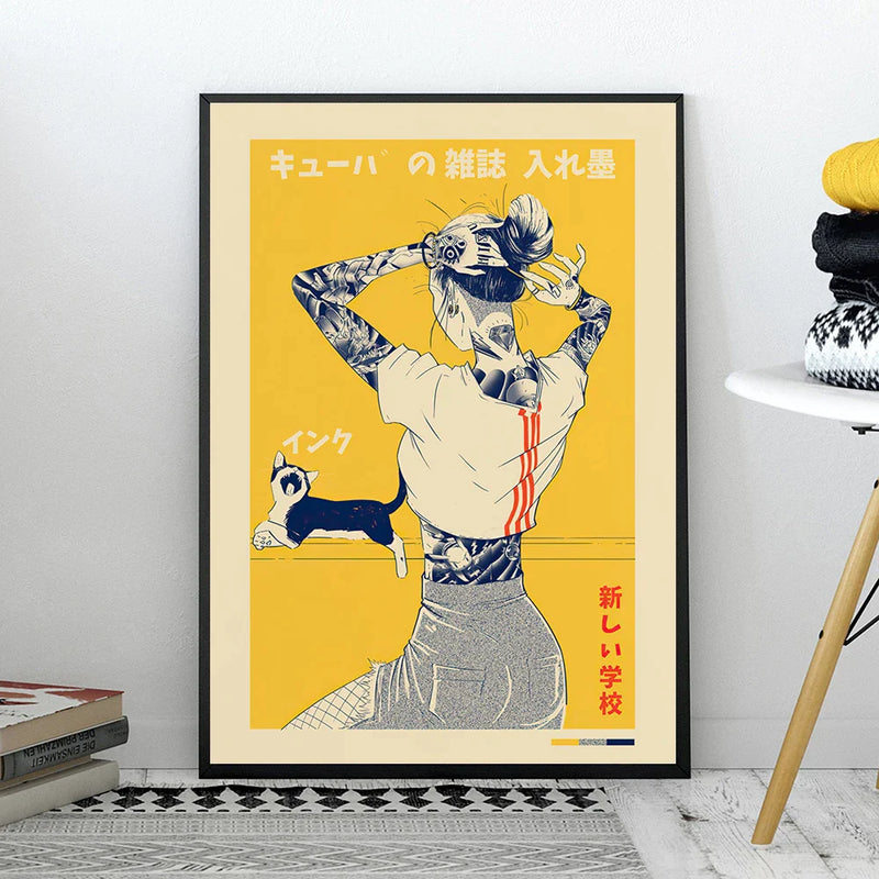 Afralia™ Japanese Cat Poster Vintage Canvas Print for Retro Wall Art in Modern Home