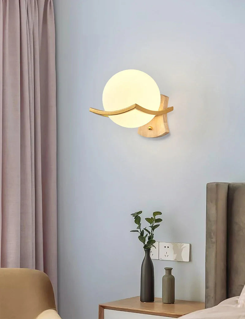 Afralia™ Nordic Moon Wood Wall Lamp Glass Bedroom Aisle LED Sconce