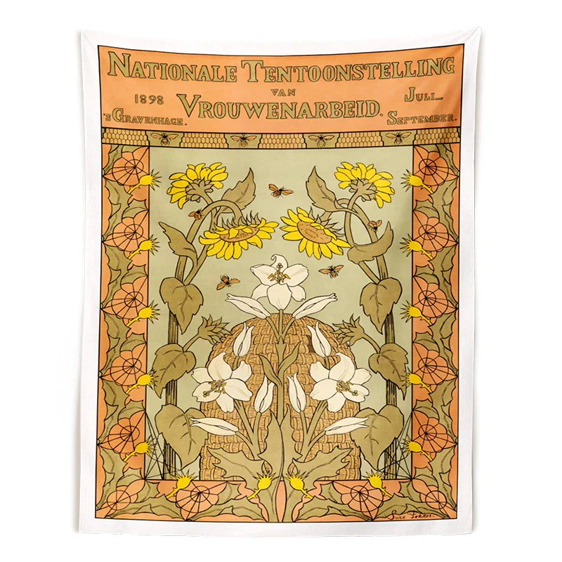 Afralia™ Vintage Flower Bee Print Botanical Tapestry Wall Hanging Reference Chart Art