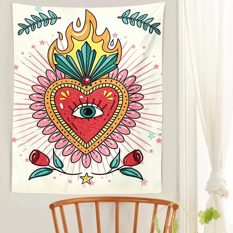 Psychedelic Floral Heart Tapestry Vintage Wall Blanket Boho Decor for Afralia™