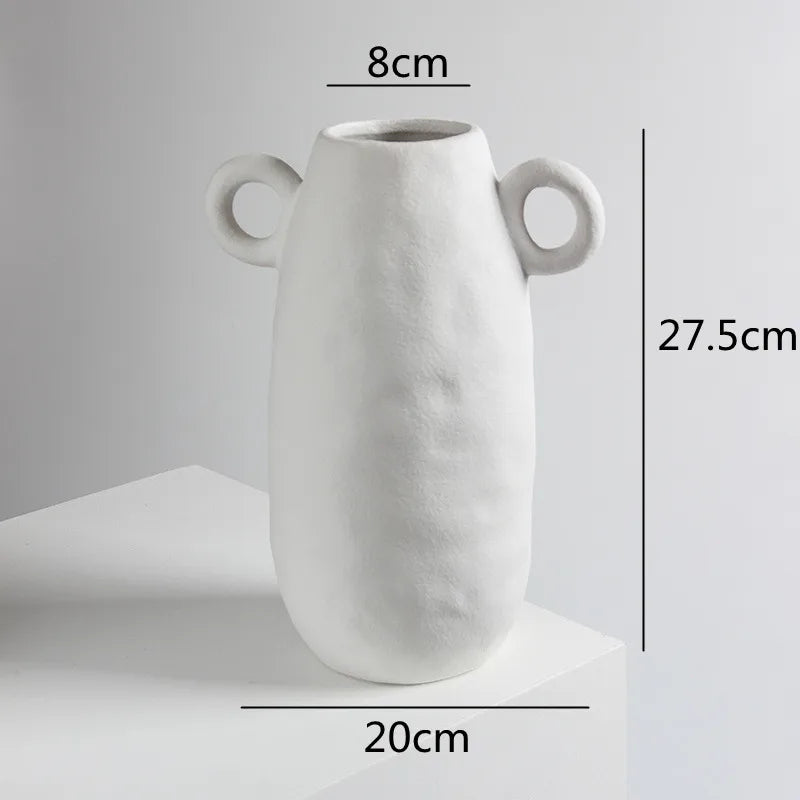 Afralia™ Retro Continental White Ceramic Flower Vase - Handle Ornament Rough Surface