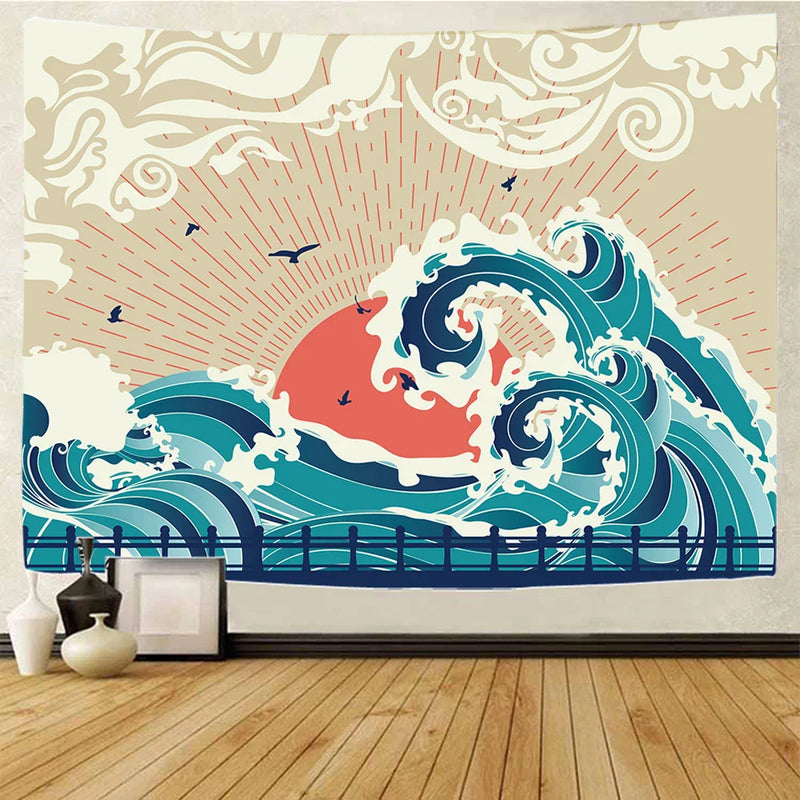 Afralia™ Sea Sunrise Japanese Home Art Tapestry Hippie Bohemian Wall Bed Sofa Blanket