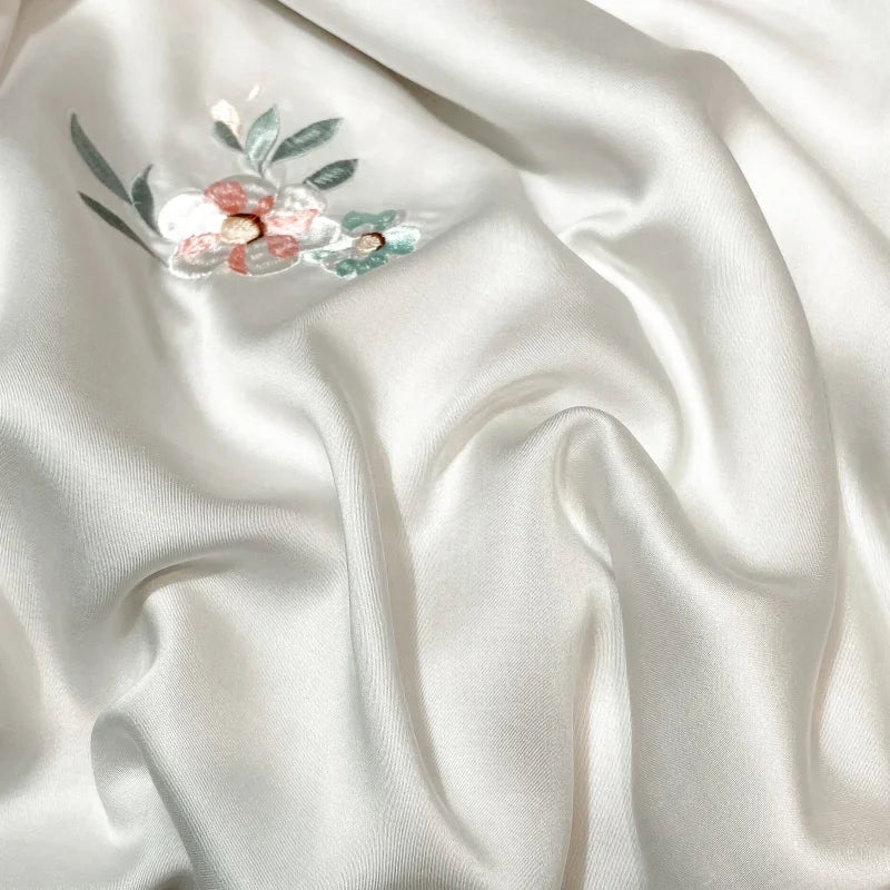 Afralia™ White Flower Embroidery Lyocell Bedding Set, Queen/King Duvet, Sheet, Pillowcases