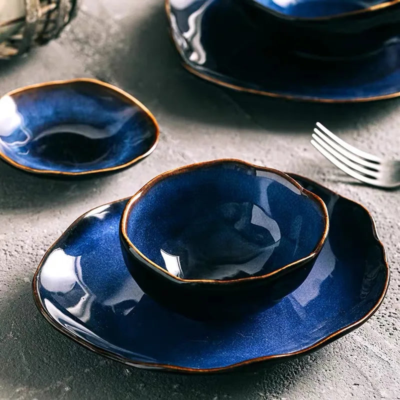 Afralia™ Irregular Shape Ceramic Dinner Set - Blue Color - Eco-Friendly Bowls - KL-265