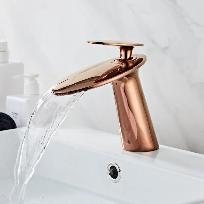 Afralia™ Solid Brass Rose Gold Waterfall Bathroom Faucet, Single Handle Deck Mounted Mixer