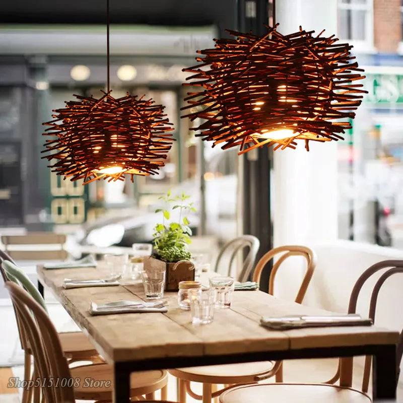Afralia™ Rattan Wicker Bird Nest Pendant Lamp for Restaurant Cafe Living Room