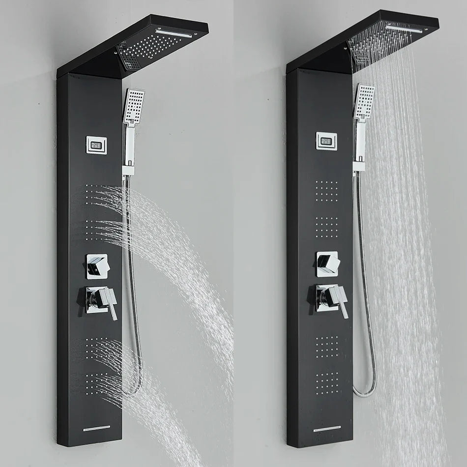 Afralia™ Black Rainfall Shower Panel Set with Massage System and Temperature Screen