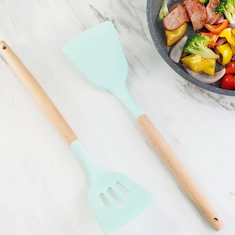 Afralia™ Silicone Kitchen Utensils Set with Wooden Handle - Food Grade & Practical Cooking Tools