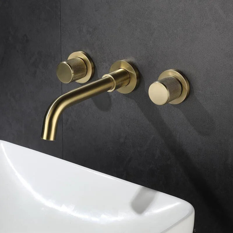 Afralia™ Brushed Gold Basin Faucet: Single Handle Wall Mount Brass Mixer Tap, Cold/Hot Water