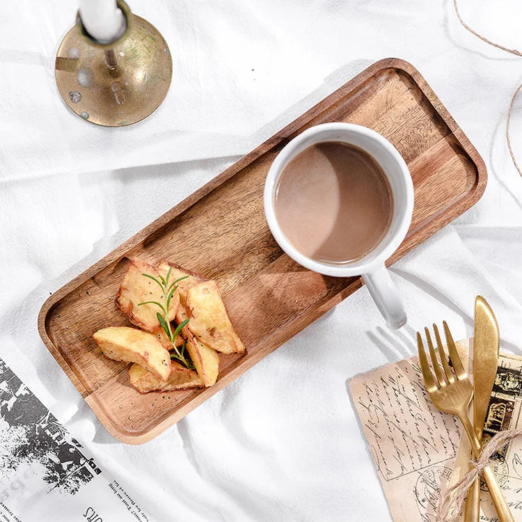 Afralia™ Acacia Wood Breakfast Tray - Rectangular Fruit Plate with Wooden Cutlery