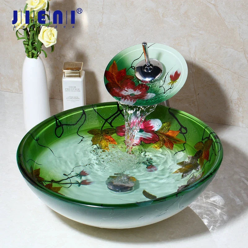 Afralia™ Waterfall Basin Tap & Glass Hand-Painted Lavatory Sink Set with Flower Painting