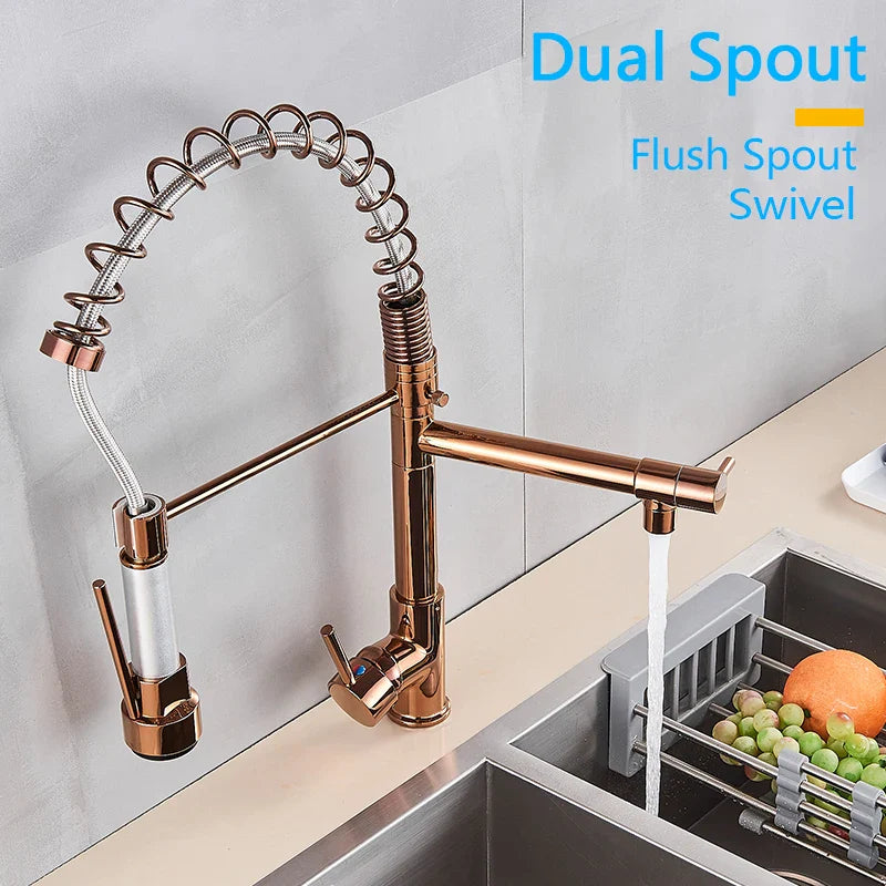 Afralia™ LED Light Rose Gold Kitchen Faucet with Pull Down Spring Swivel Spout