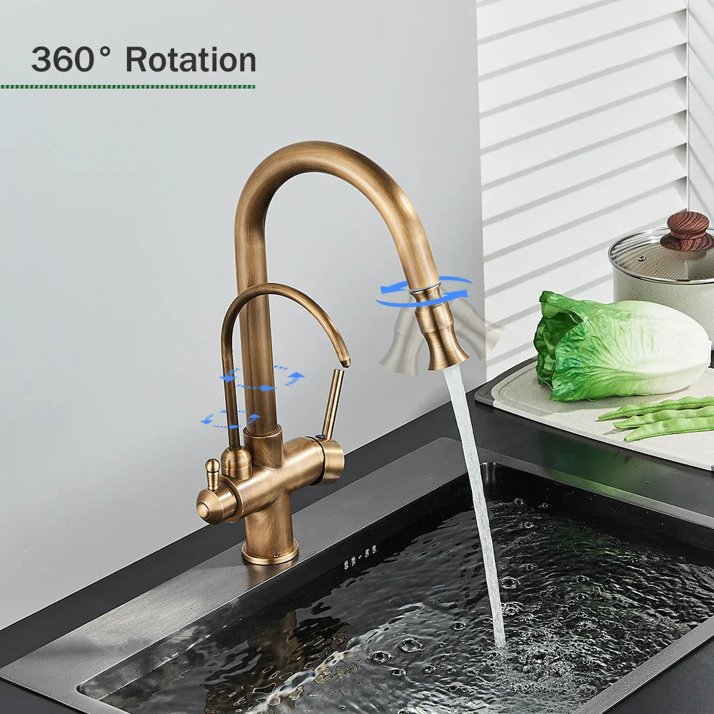 Afralia™ Antique Brass 2-in-1 Kitchen Faucet with Pull Out Nozzle and Purification