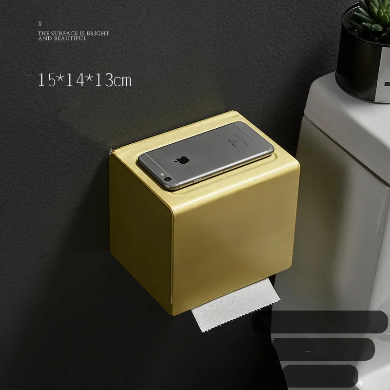 Afralia™ Aluminum Brushed Gold Toilet Paper Holder Rack Tissue Box - Bathroom Roll Storage