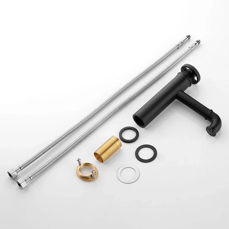 Afralia™ Matte Black Brass Basin Faucet Retro Industrial Style Hot Cold Mixer Tap